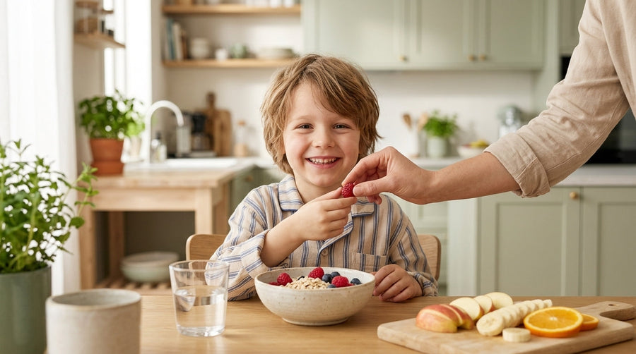 Leende barn vid frukostbordet får en multivitamin-gummy av en förälder i ett ljust kök