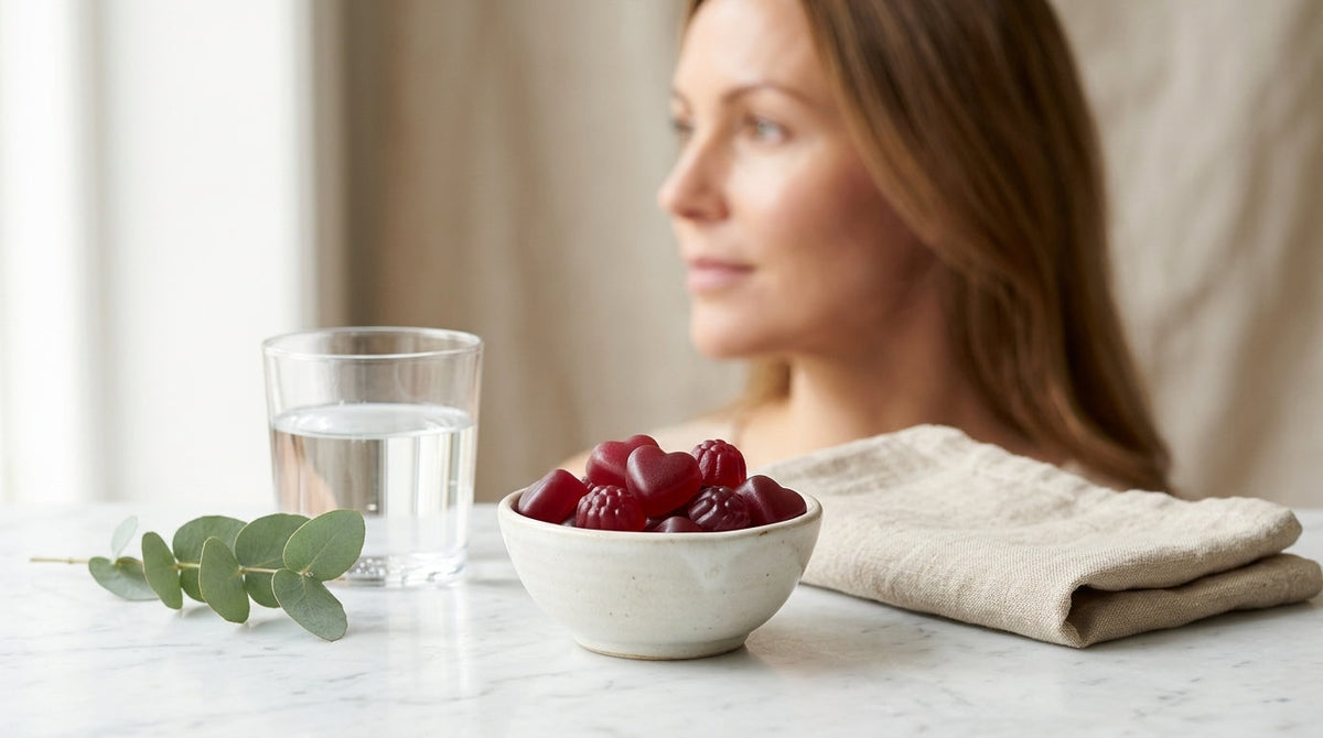 Skål med kollagen-gummies på marmorbänk, kvinna med frisk hy i bakgrunden