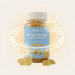 D3-kristaller och sol-ikon – representerar dagligt D-vitamintillskott