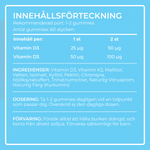 D-vitamin Gummies innehållsförteckning — mg D-vitamin per gummy, ingredienser, dosering och förvaring