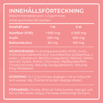 Fiber & Probiotic Gummies innehållsförteckning — 1000mg fiber, inulin och bakteriekultur per gummy, ingredienser och dosering
